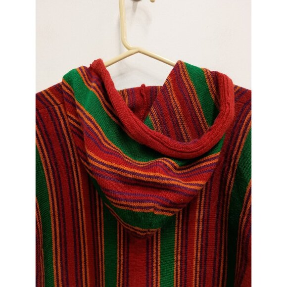 Vintage 90s Sweater Jacket Womens Large Green Red Striped Hooded BOHO Hippie - Picture 8 of 11